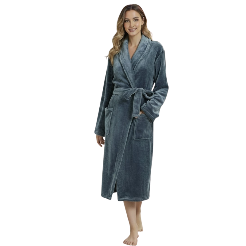 Warm Plush Fleece Kimono Style Long Bathrobe