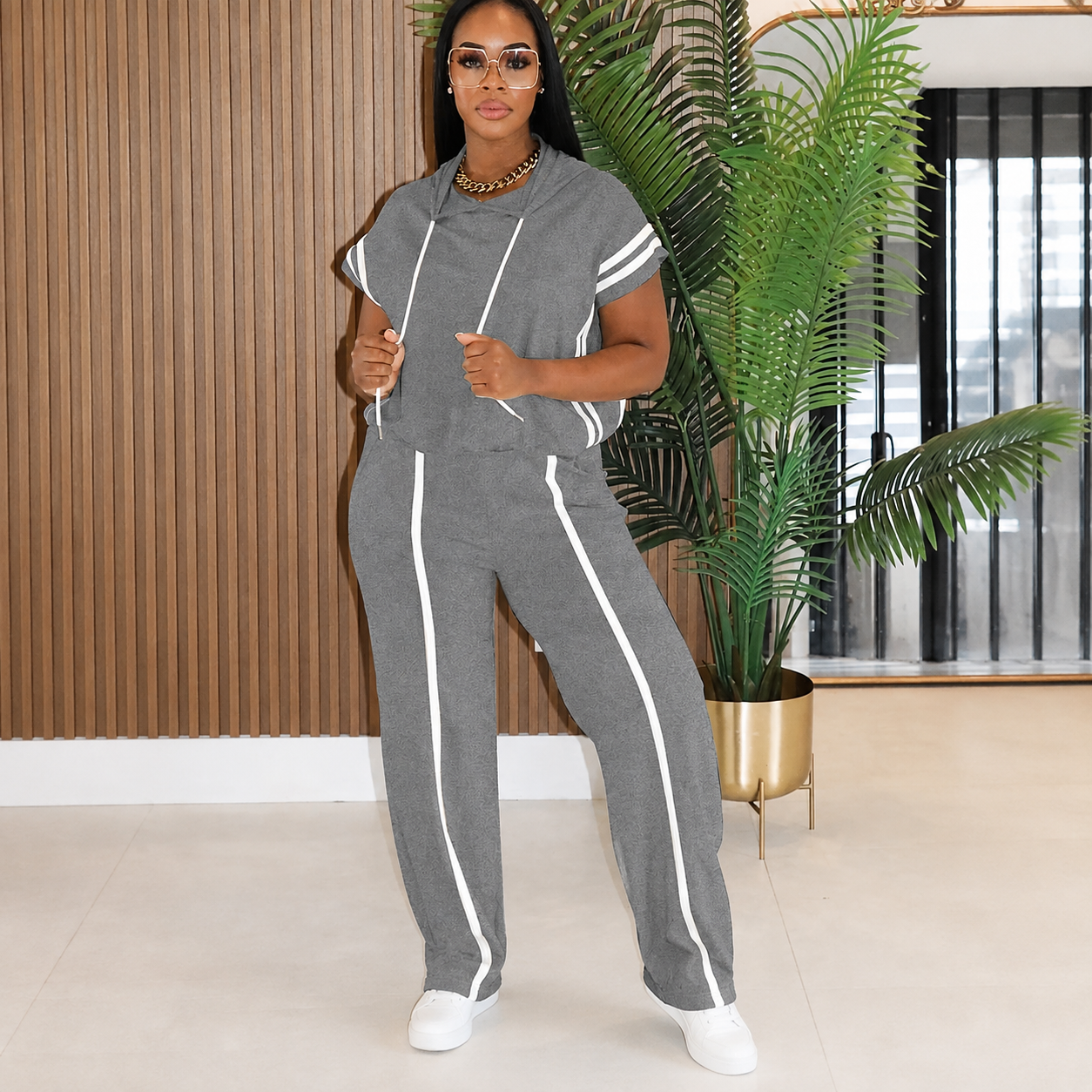 2 Piece Oversized Striped Hooded Casual Tracksuit Set for Women