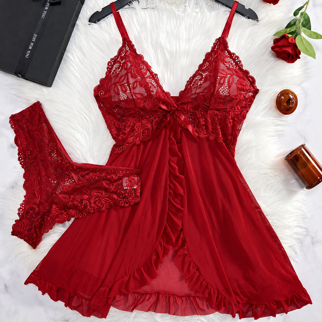 2 Pieces Backless Ruffle Trim Nightwear Set For Women
