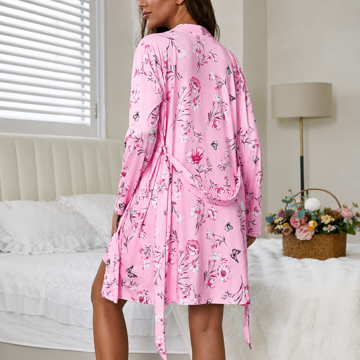 Casual Floral Printed Robe And Cami Nightdress Set For Women