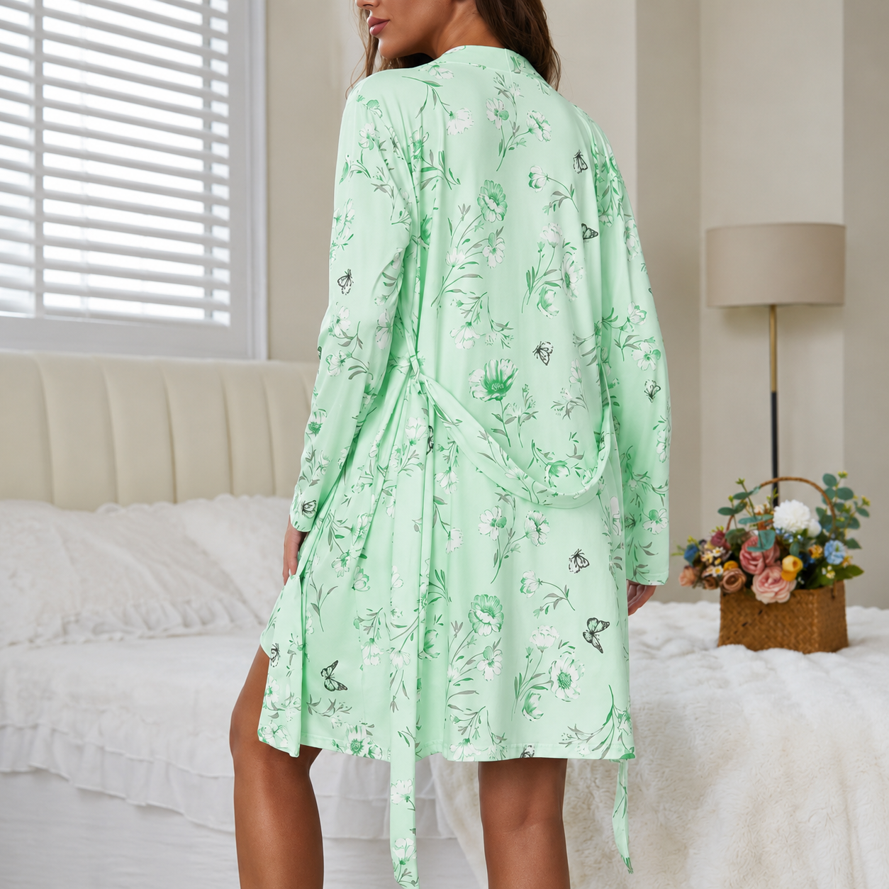 Casual Floral Printed Robe And Cami Nightdress Set For Women