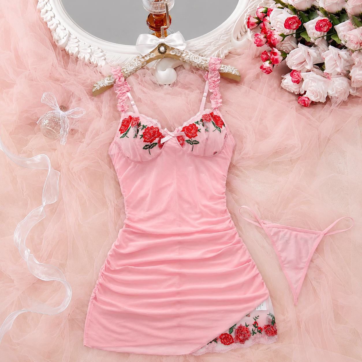 Casual Adjustable Strap Embroidered Lingerie Set For Women