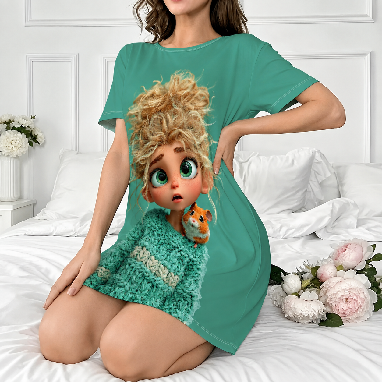 Cartoon Printed Short Sleeve Nightwear For Women