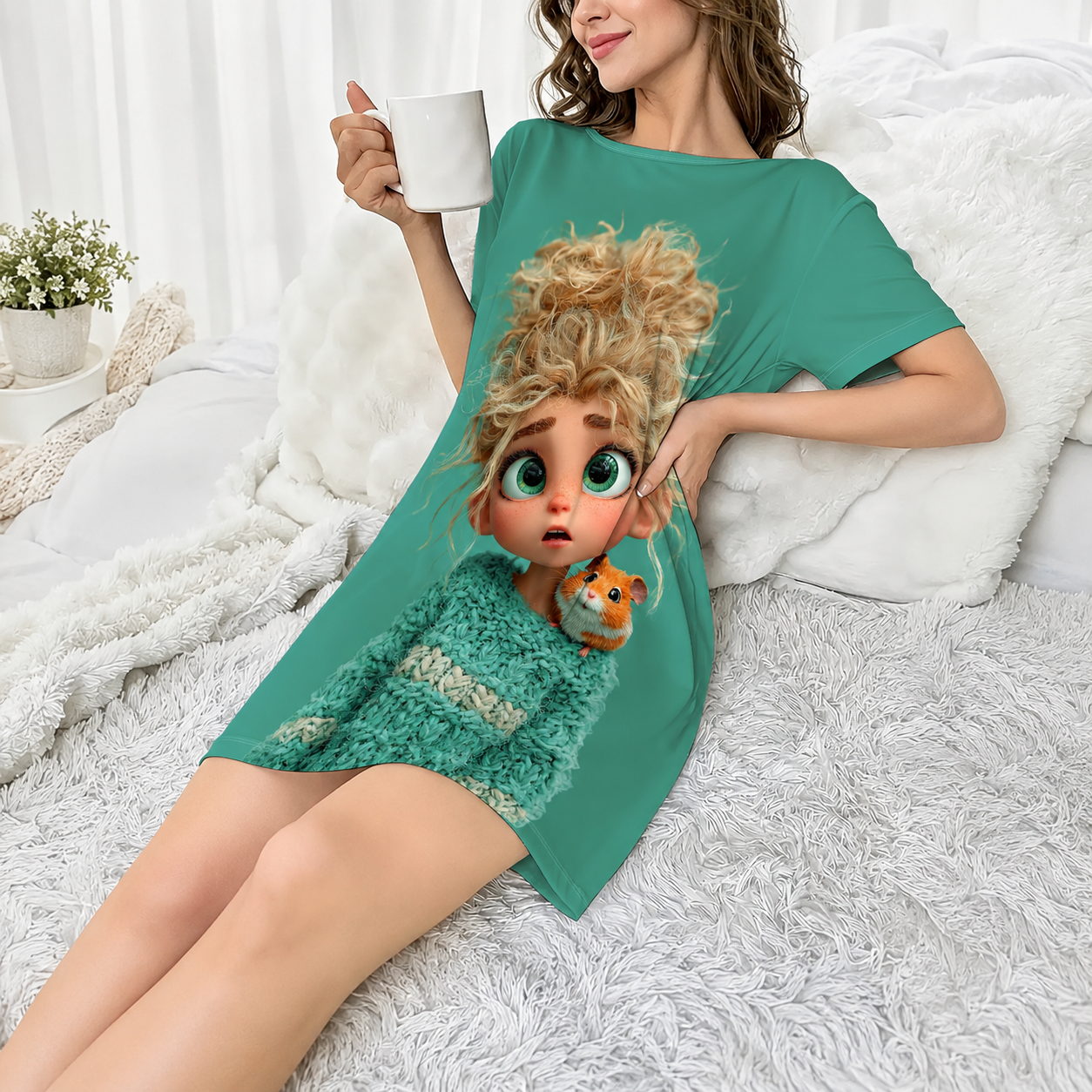 Cartoon Printed Short Sleeve Nightwear For Women