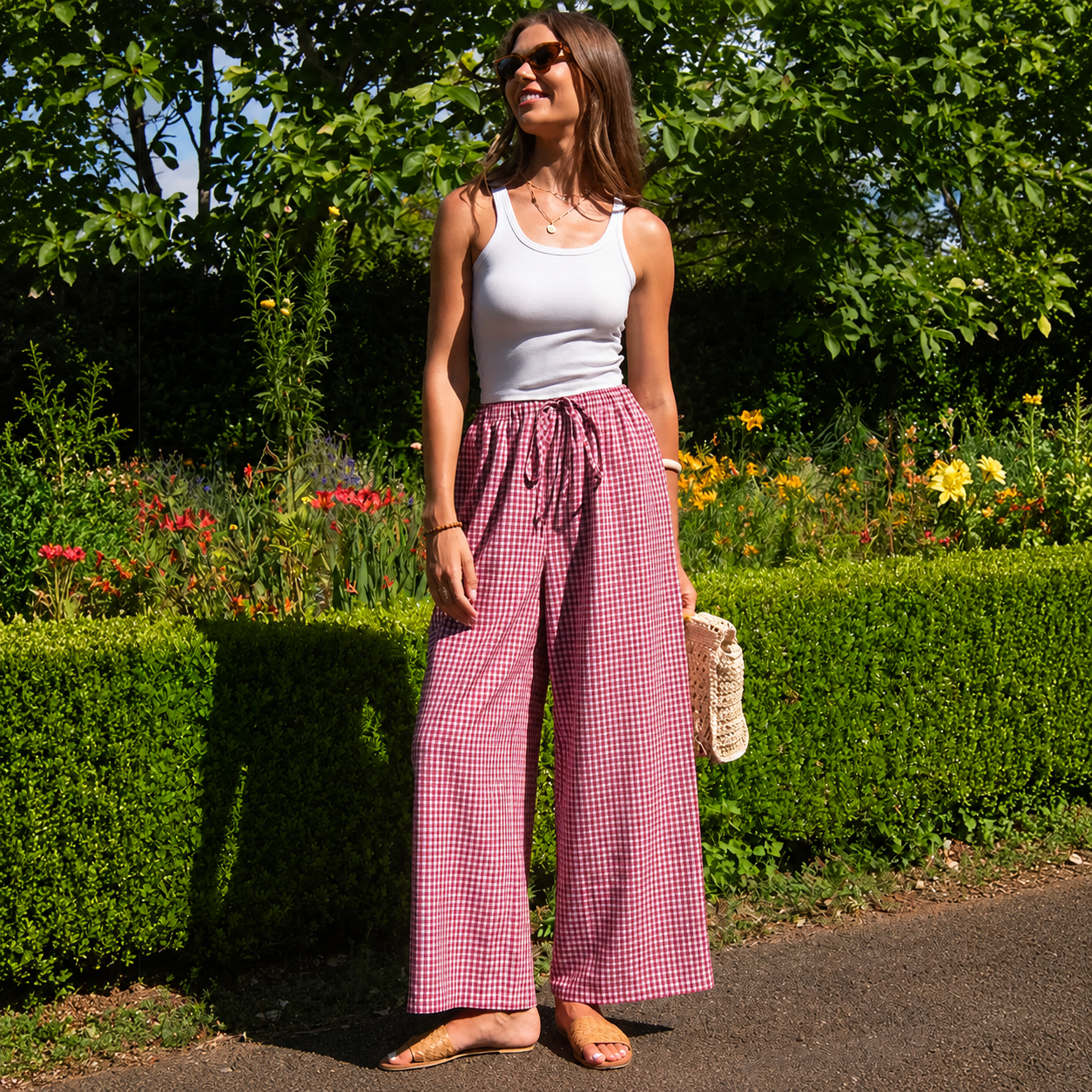 Casual Lounge Wide Linen Pants With Drawstring For Women