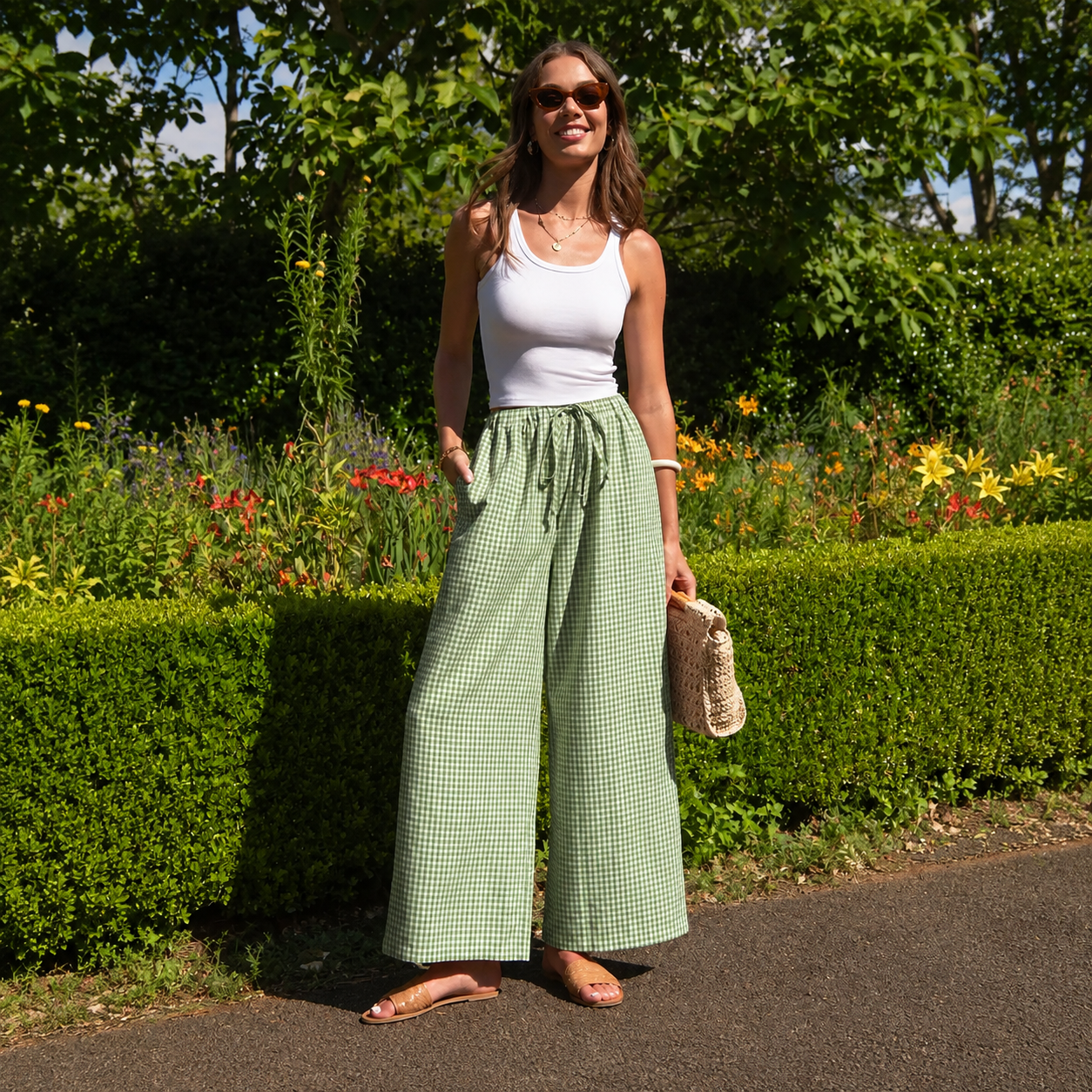 Casual Lounge Wide Linen Pants With Drawstring For Women