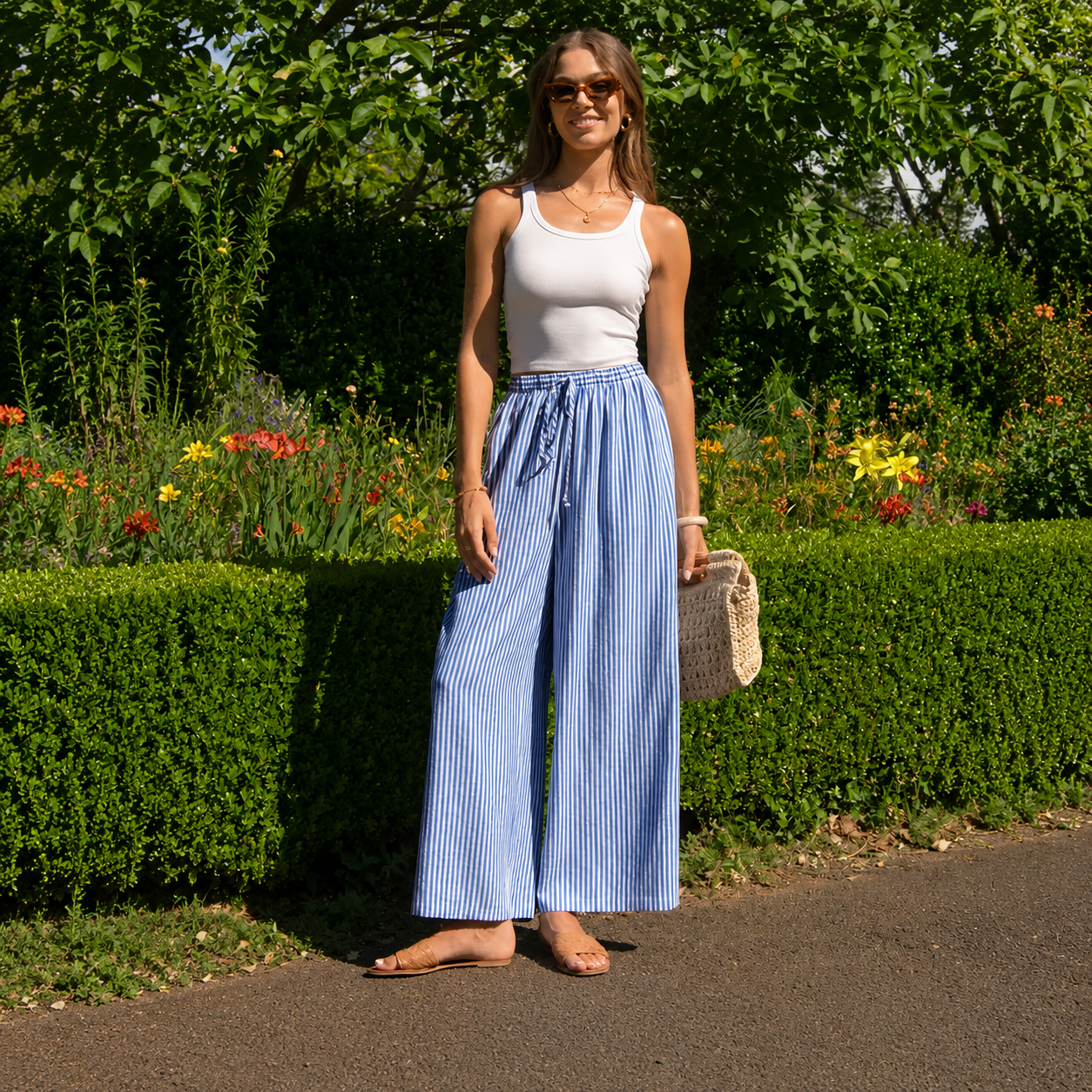 Casual Lounge Wide Linen Pants With Drawstring For Women