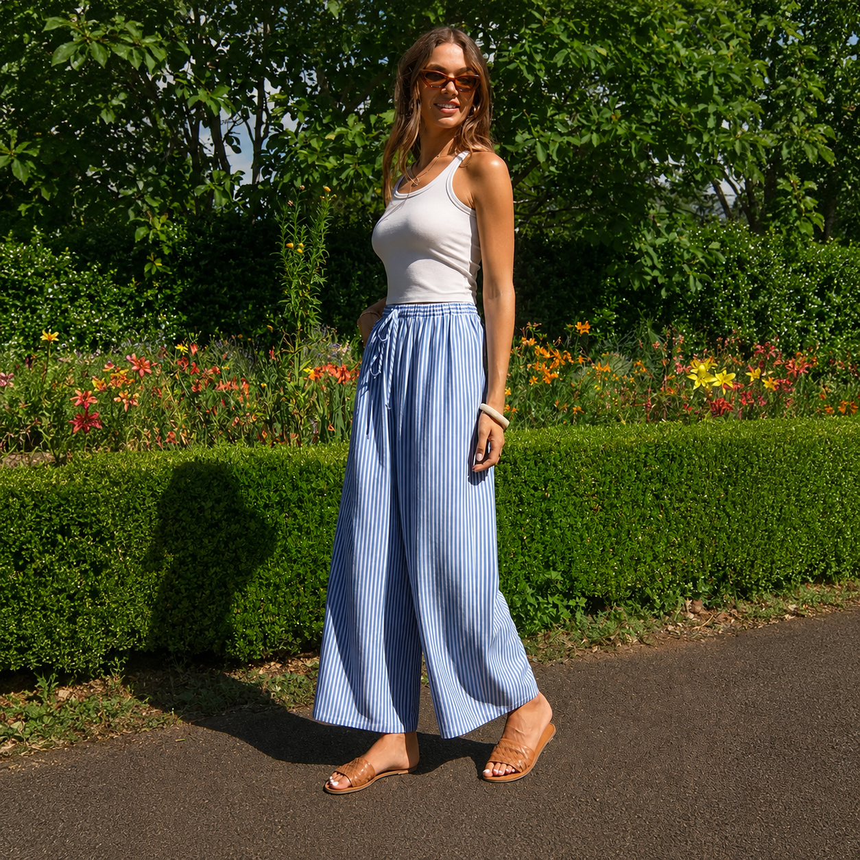 Casual Lounge Wide Linen Pants With Drawstring For Women