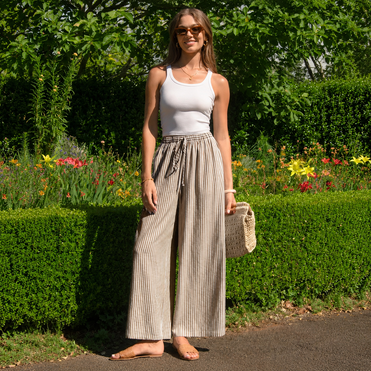Casual Lounge Wide Linen Pants With Drawstring For Women