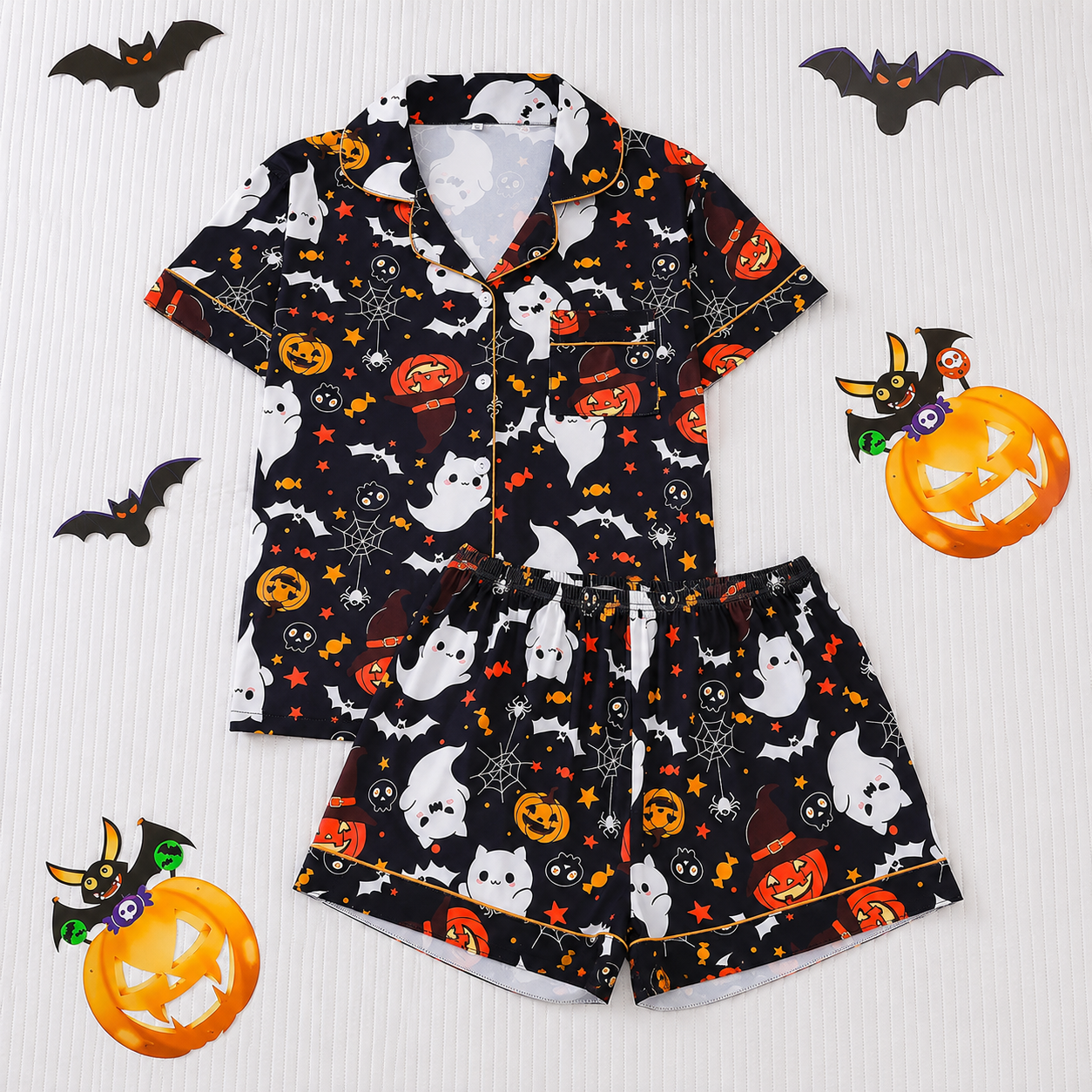 Casual Halloween Print Short Sleeve Top And Shorts Pajama Set For Women