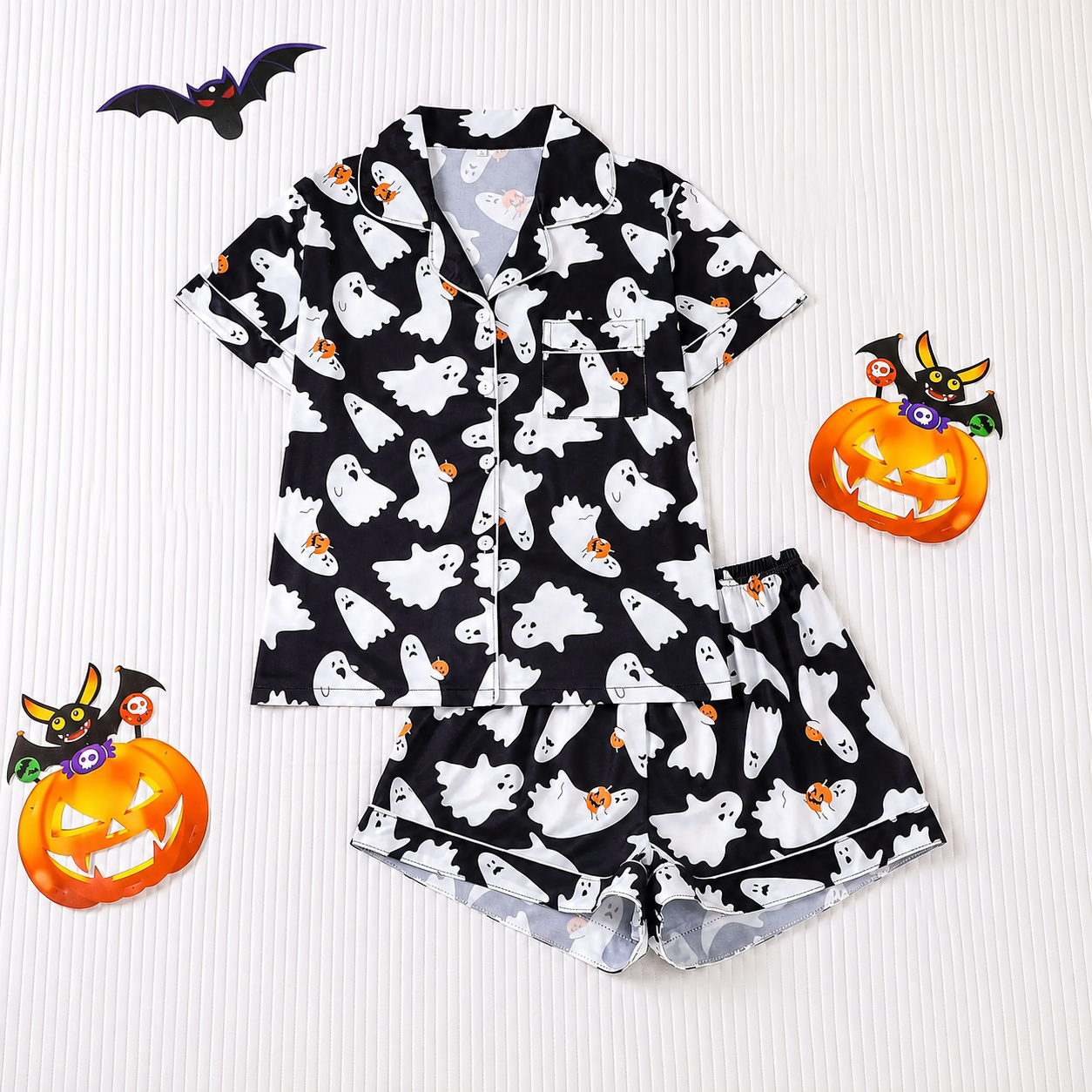 Casual Halloween Print Short Sleeve Top And Shorts Pajama Set For Women