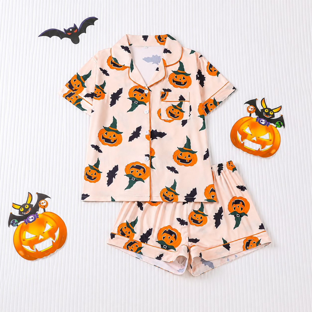 Casual Halloween Print Short Sleeve Top And Shorts Pajama Set For Women