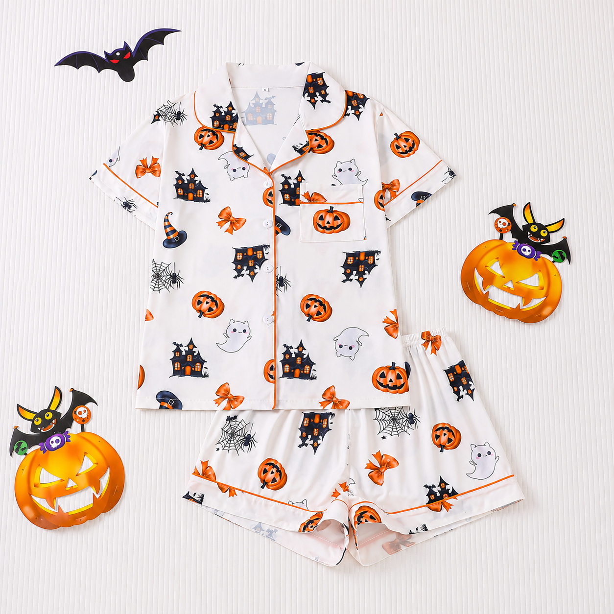 Casual Halloween Print Short Sleeve Top And Shorts Pajama Set For Women