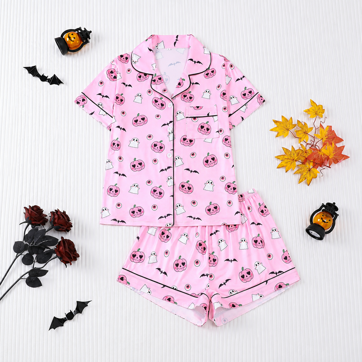 Casual Halloween Print Short Sleeve Top And Shorts Pajama Set For Women