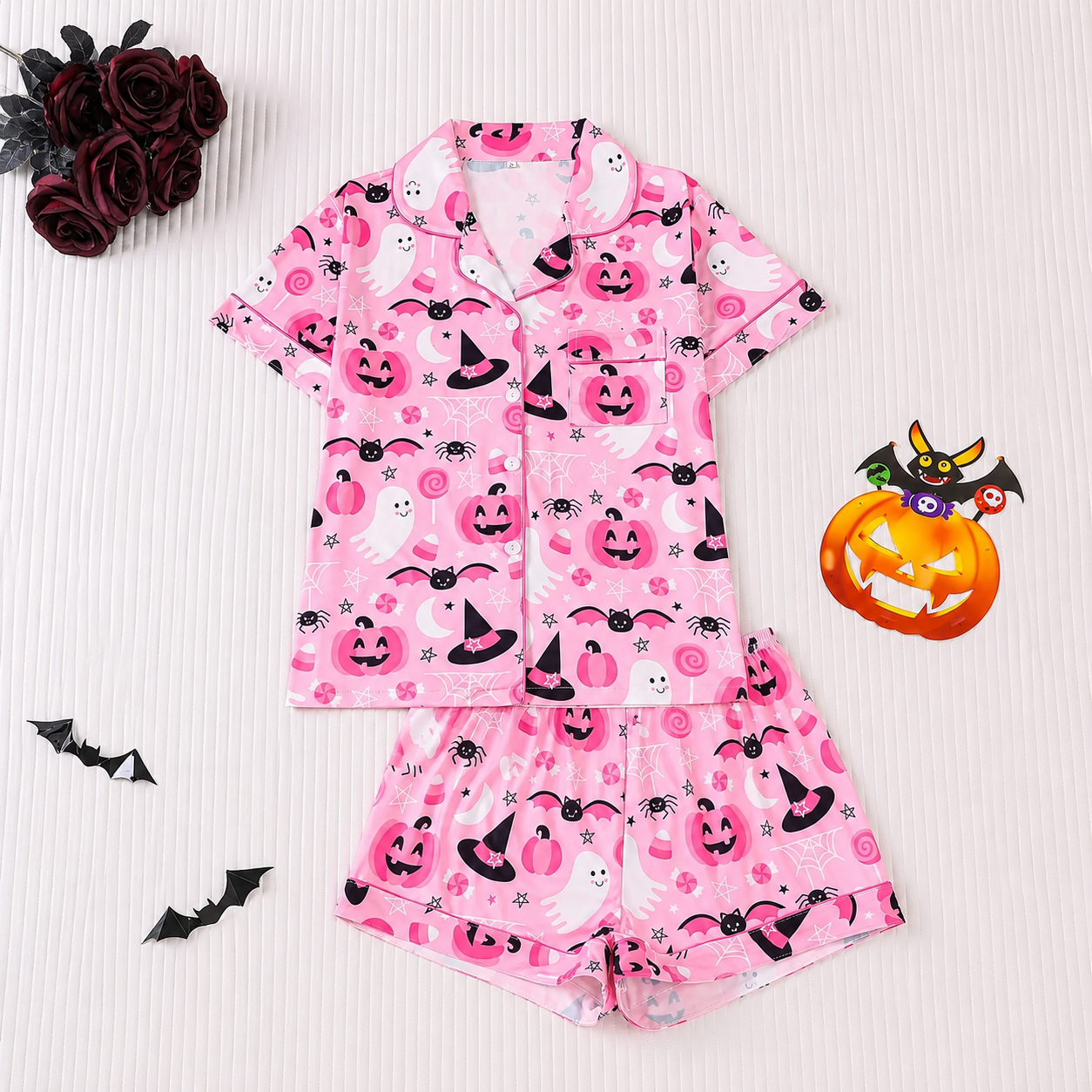Casual Halloween Print Short Sleeve Top And Shorts Pajama Set For Women