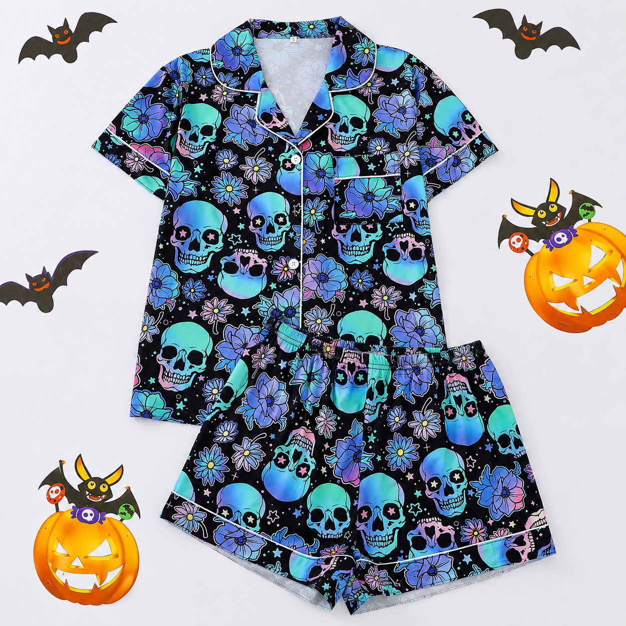 Casual Halloween Print Short Sleeve Top And Shorts Pajama Set For Women