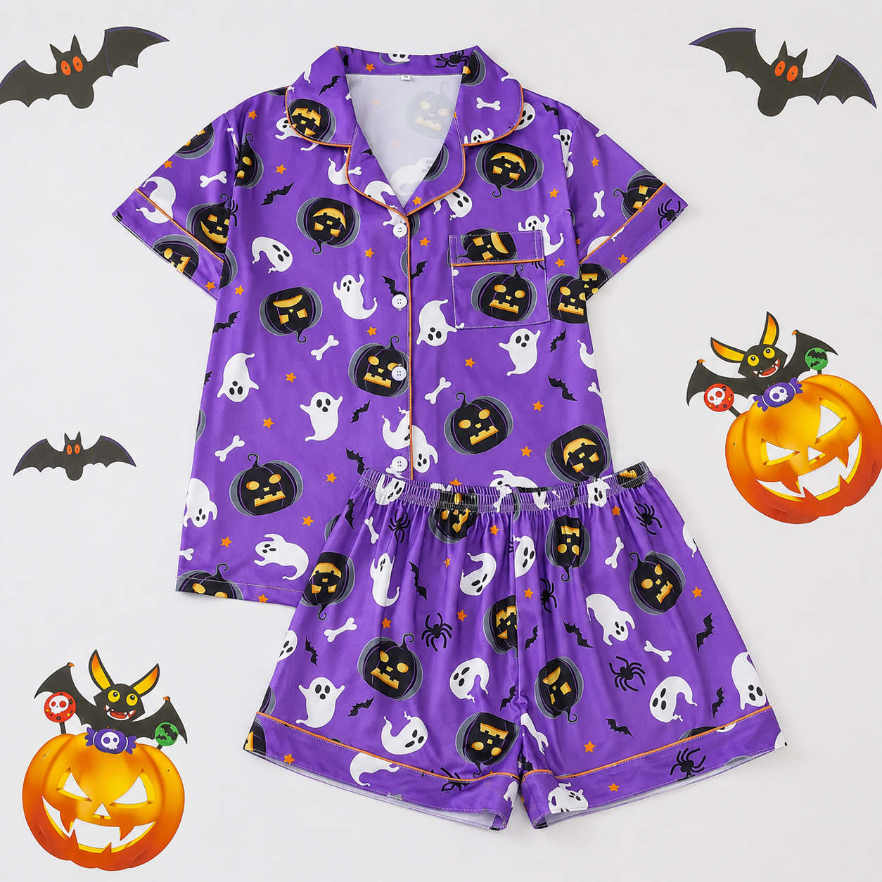 Casual Halloween Print Short Sleeve Top And Shorts Pajama Set For Women