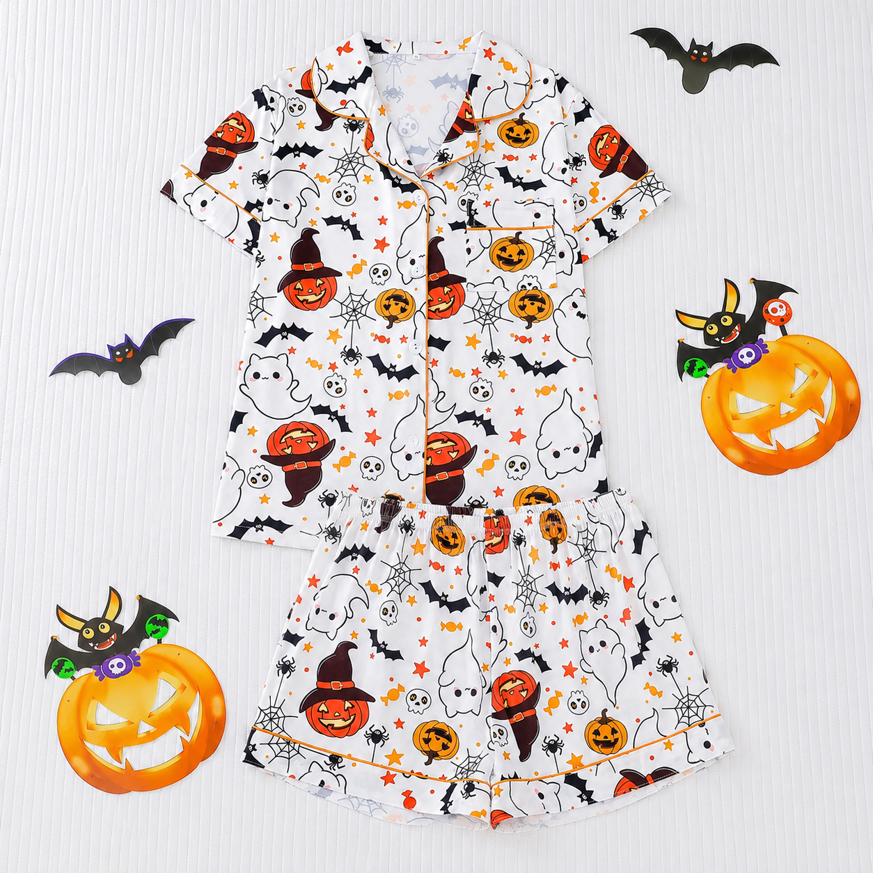 Casual Halloween Print Short Sleeve Top And Shorts Pajama Set For Women