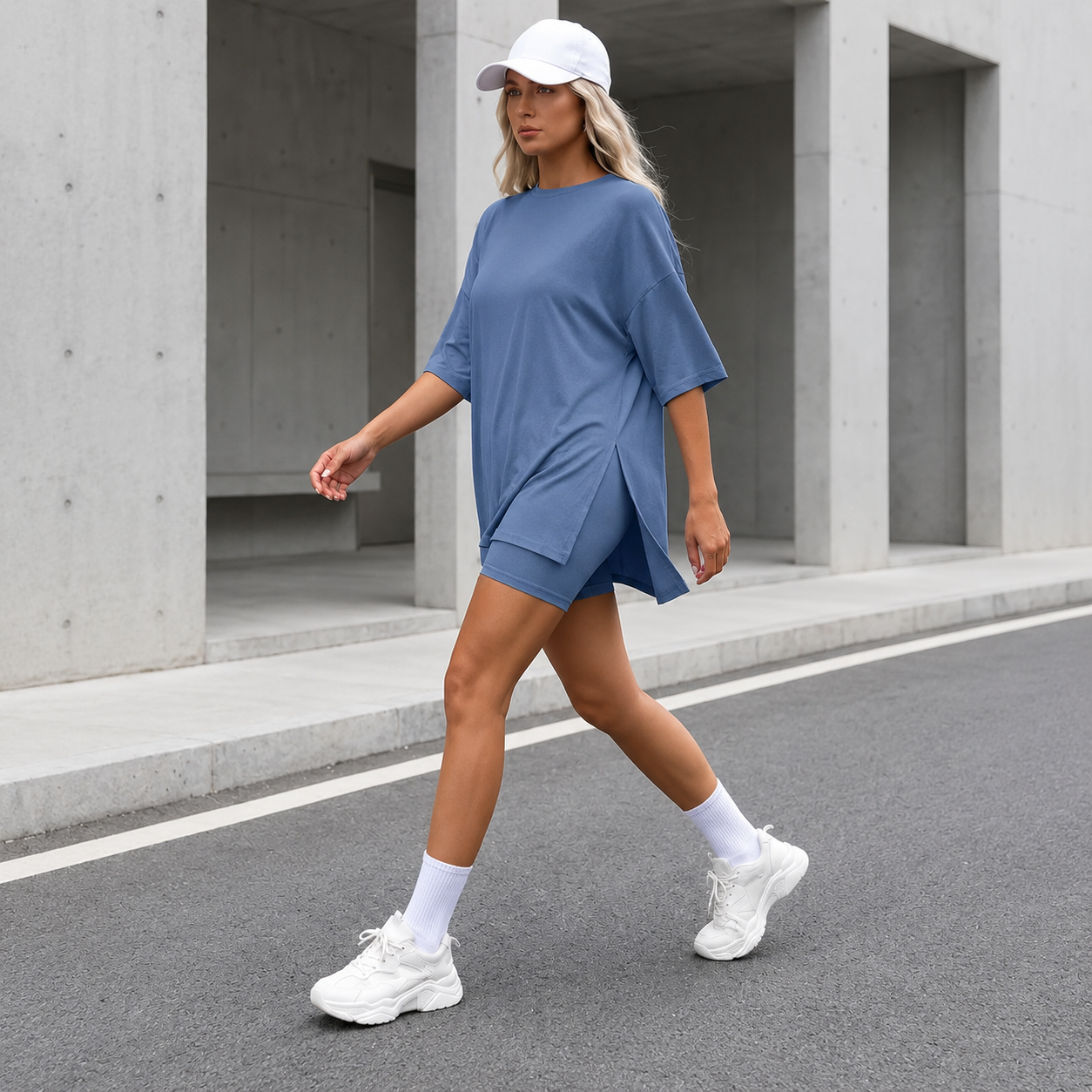 Casual Oversized Minimalist Split Hem Shirts And Biker Shorts Set For Women