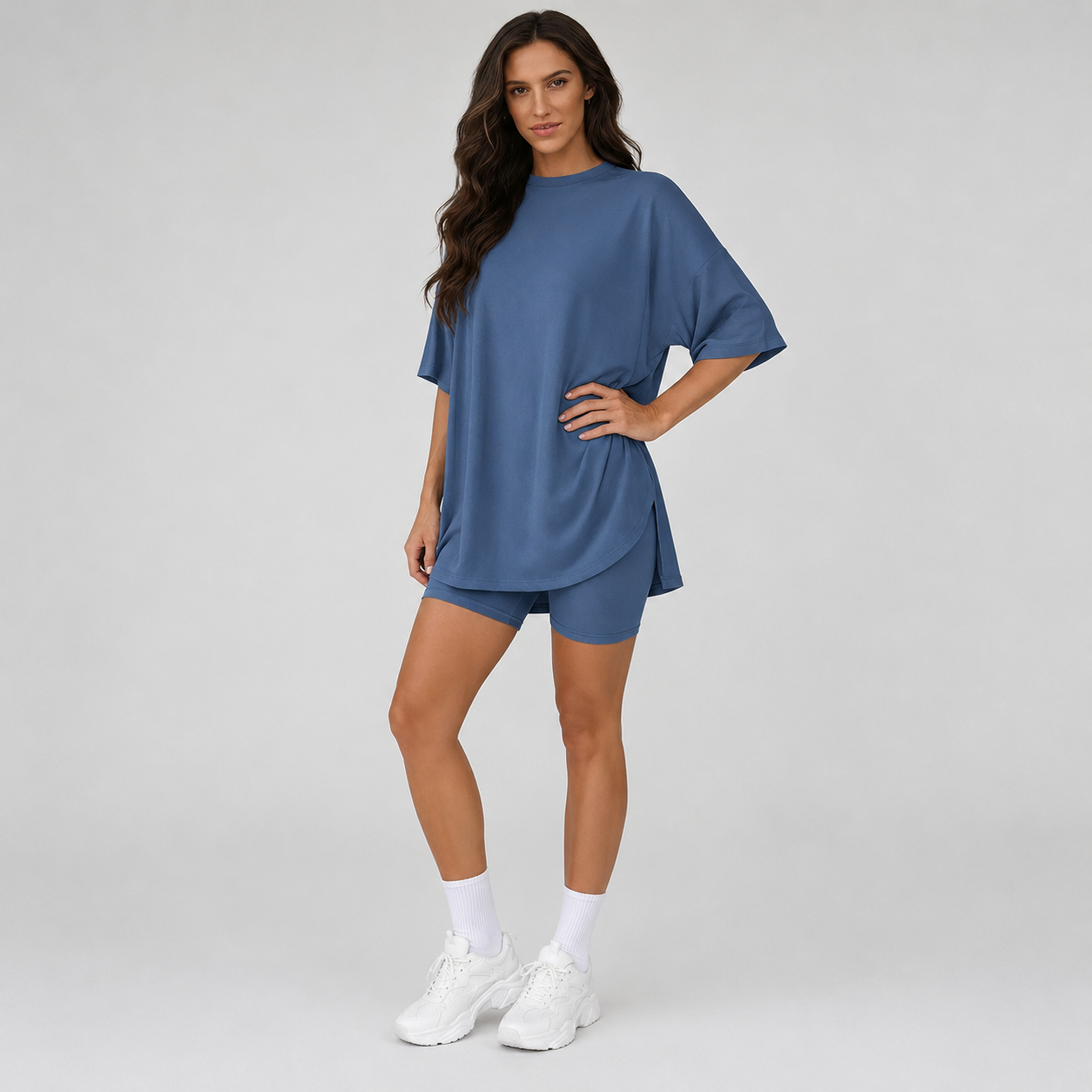 Casual Oversized Minimalist Split Hem Shirts And Biker Shorts Set For Women
