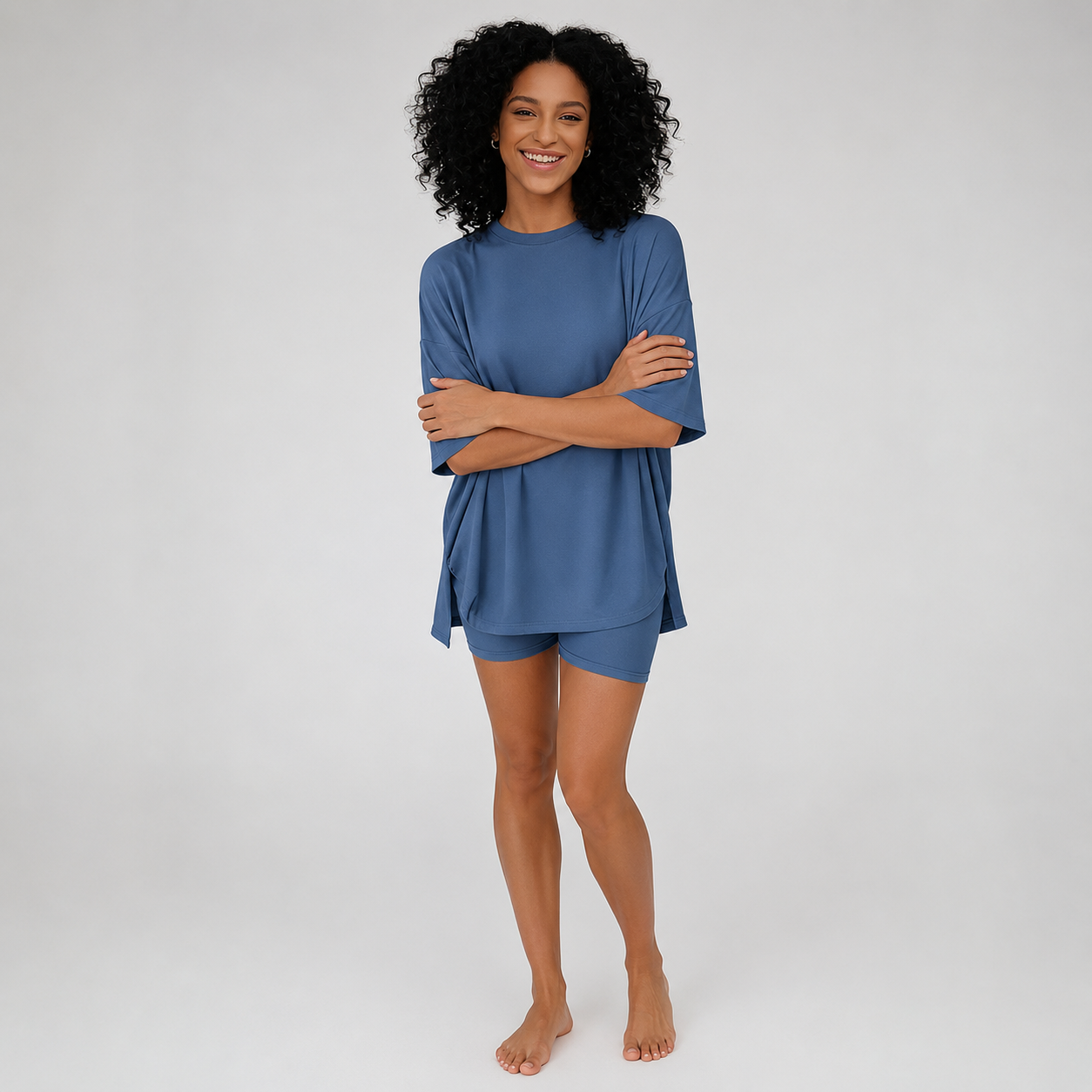 Casual Oversized Minimalist Split Hem Shirts And Biker Shorts Set For Women