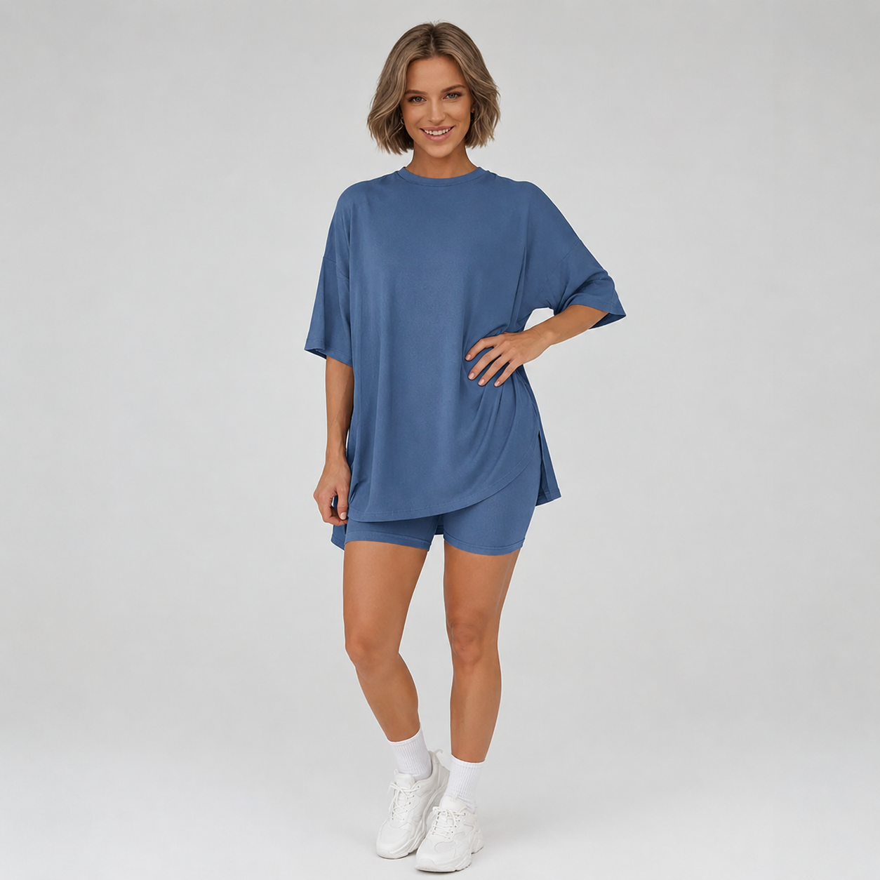 Casual Oversized Minimalist Split Hem Shirts And Biker Shorts Set For Women