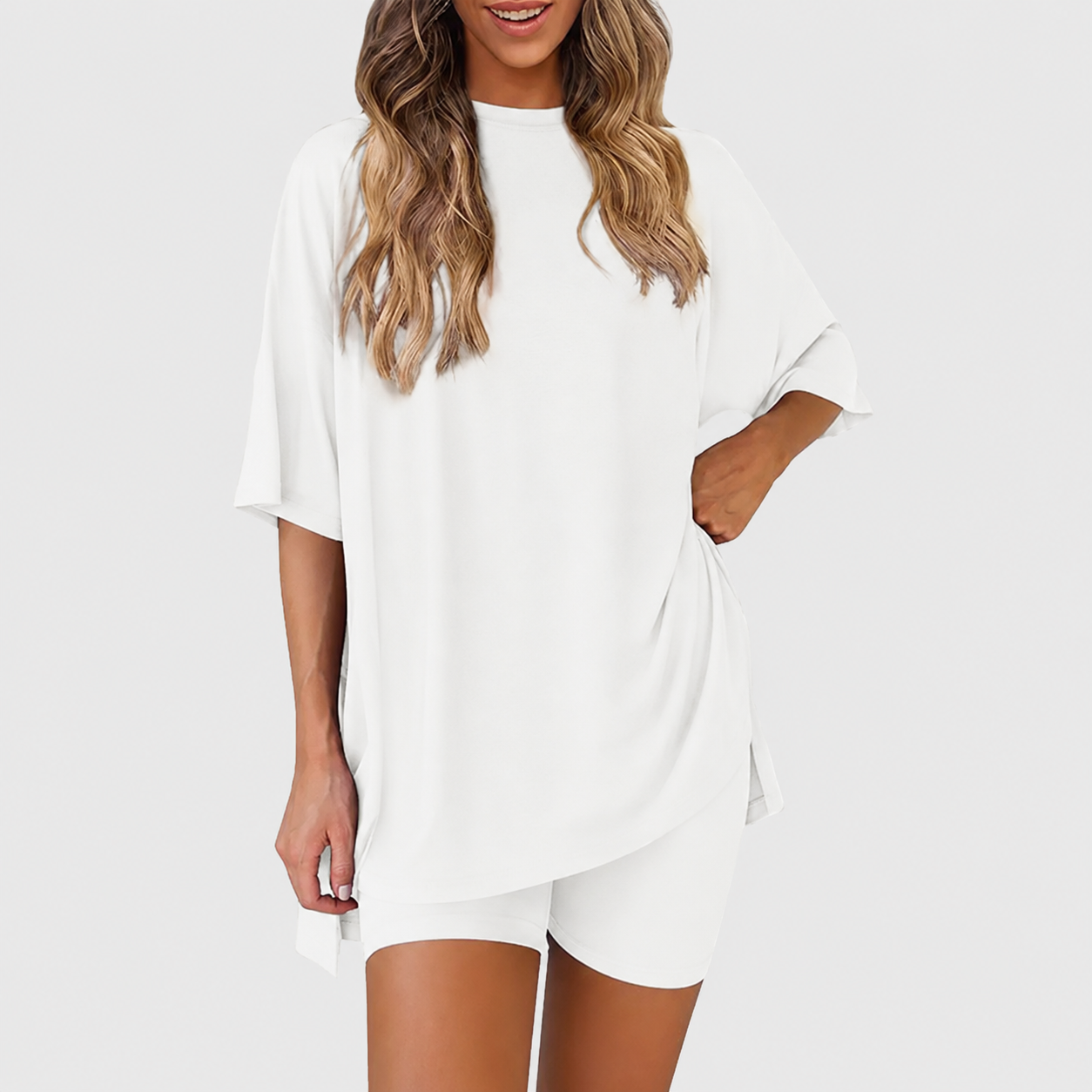 Casual Oversized Minimalist Split Hem Shirts And Biker Shorts Set For Women