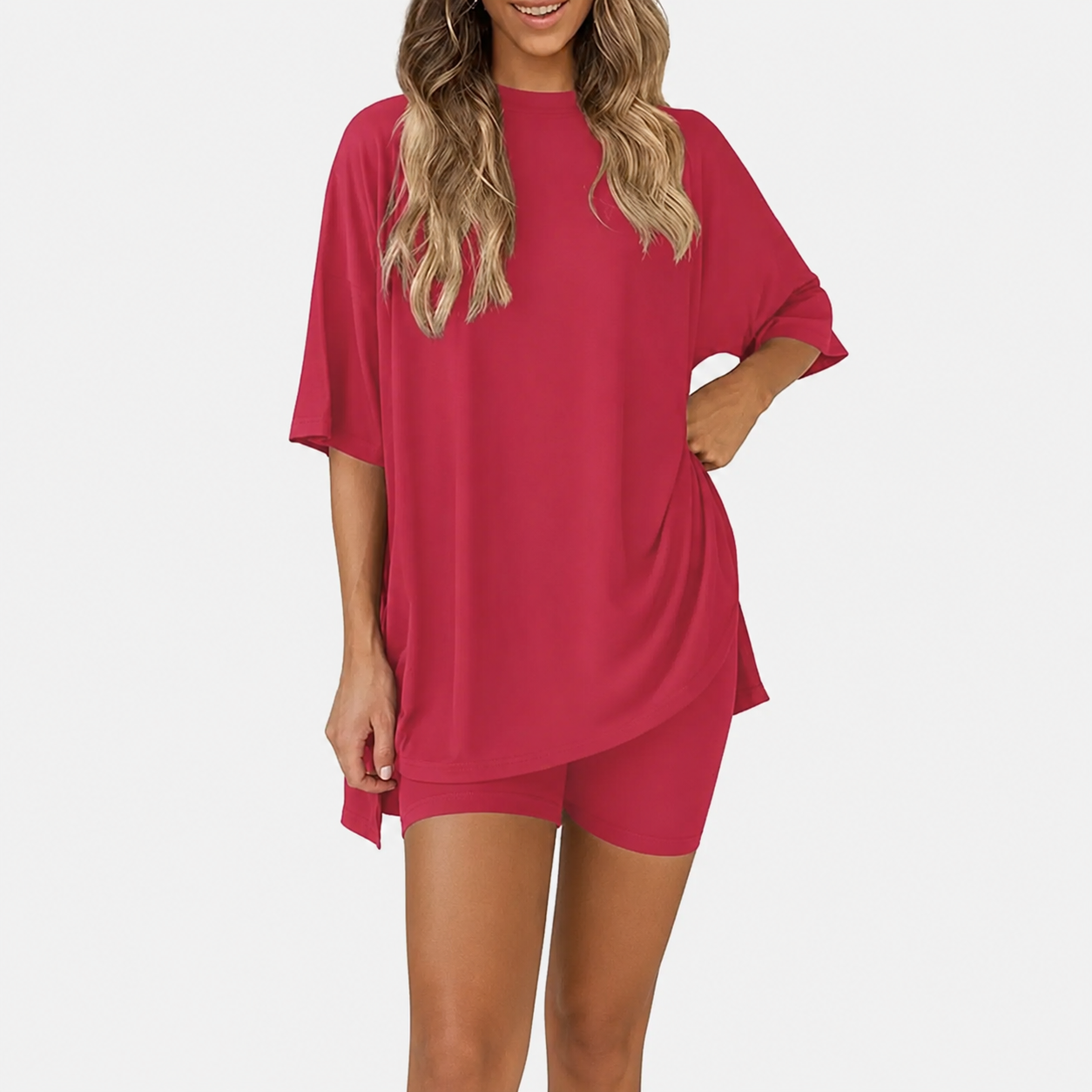 Casual Oversized Minimalist Split Hem Shirts And Biker Shorts Set For Women