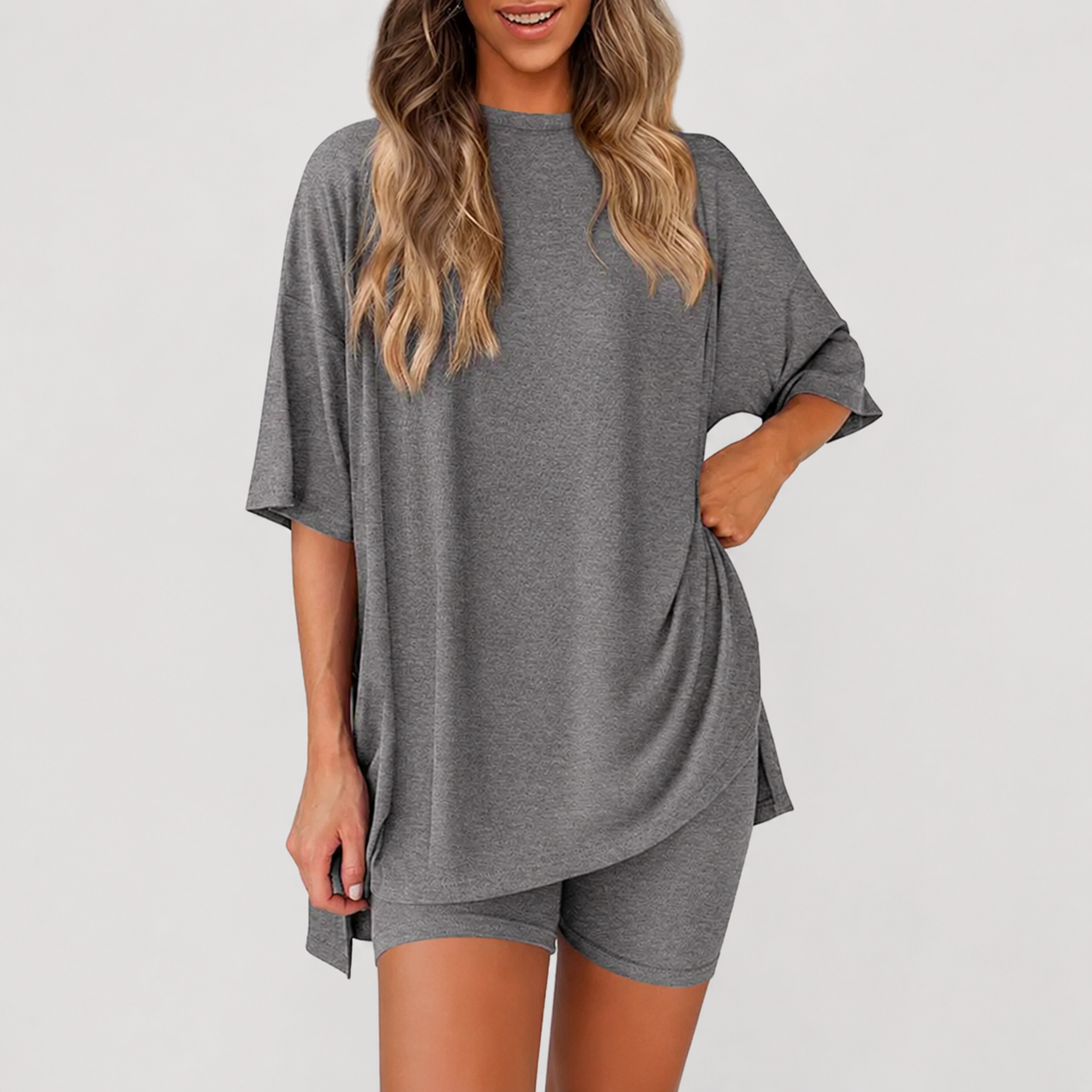 Casual Oversized Minimalist Split Hem Shirts And Biker Shorts Set For Women