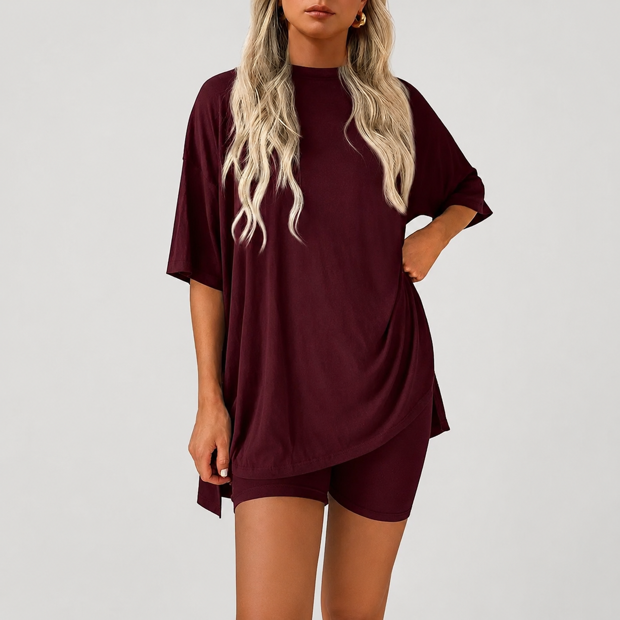 Casual Oversized Minimalist Split Hem Shirts And Biker Shorts Set For Women