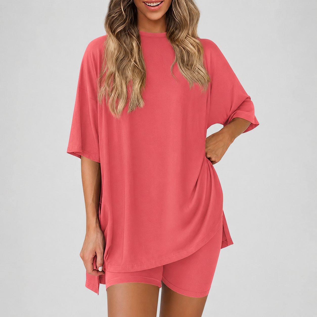 Casual Oversized Minimalist Split Hem Shirts And Biker Shorts Set For Women