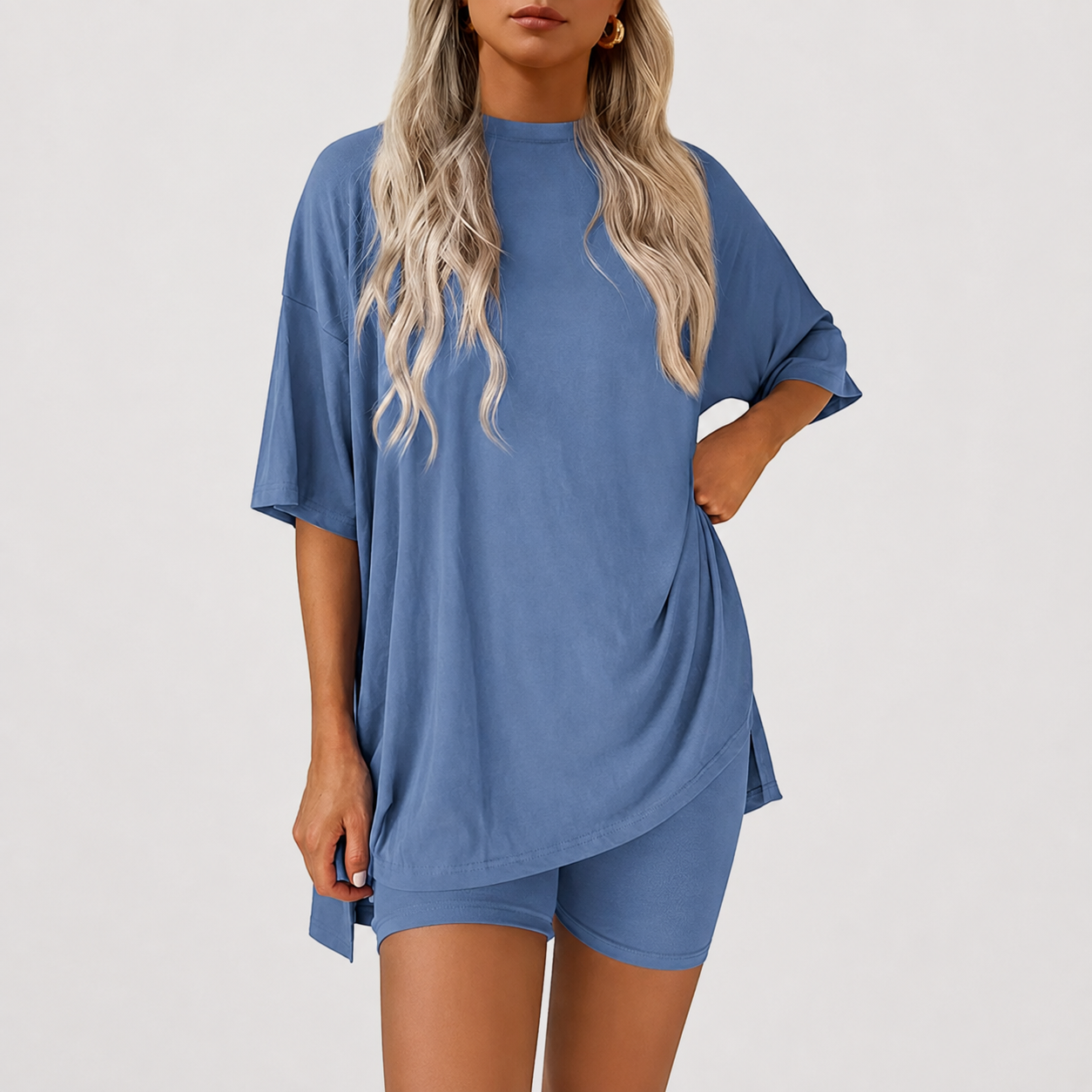 Casual Oversized Minimalist Split Hem Shirts And Biker Shorts Set For Women