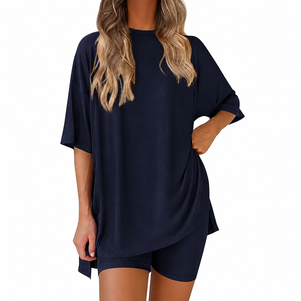 Casual Oversized Minimalist Split Hem Shirts And Biker Shorts Set For Women
