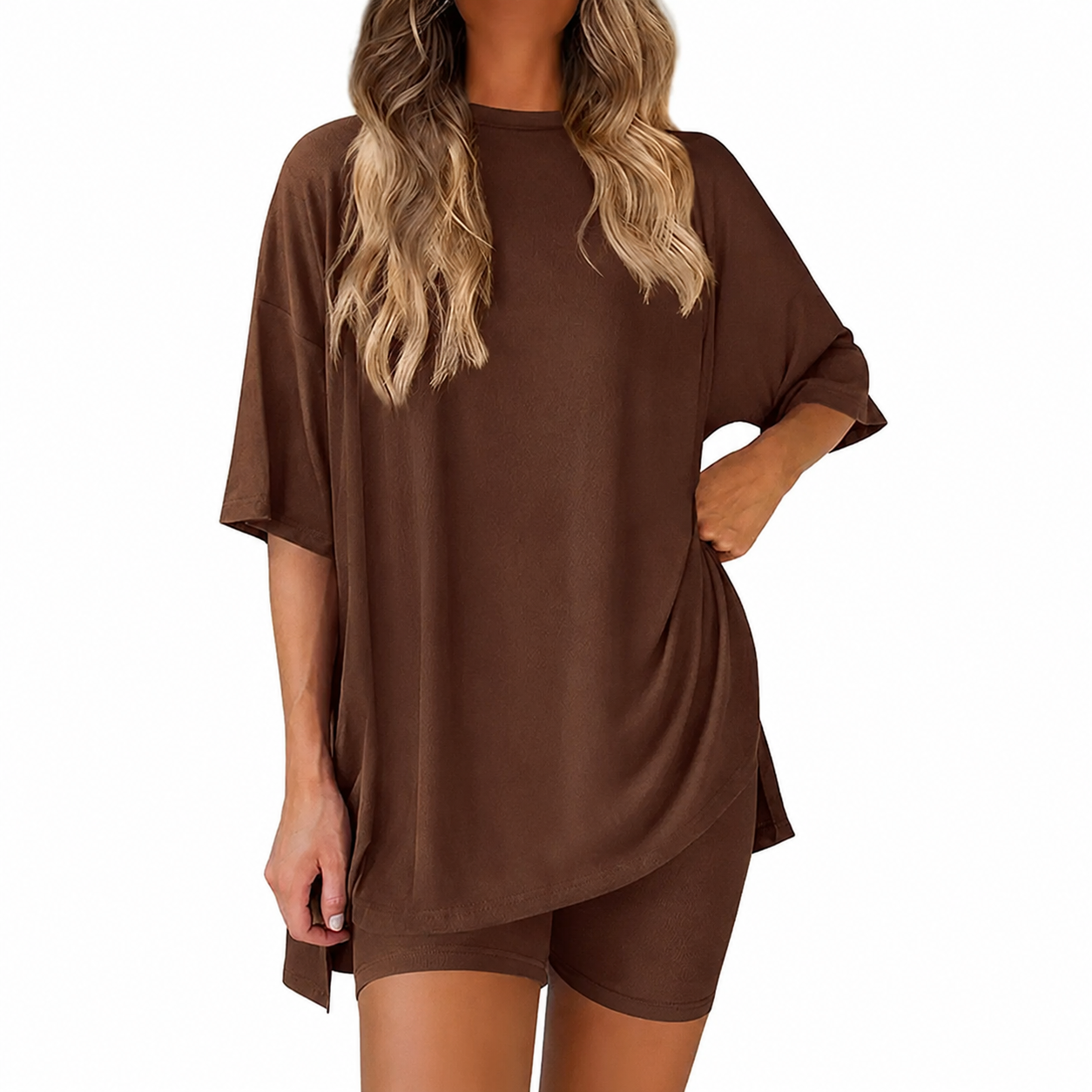 Casual Oversized Minimalist Split Hem Shirts And Biker Shorts Set For Women