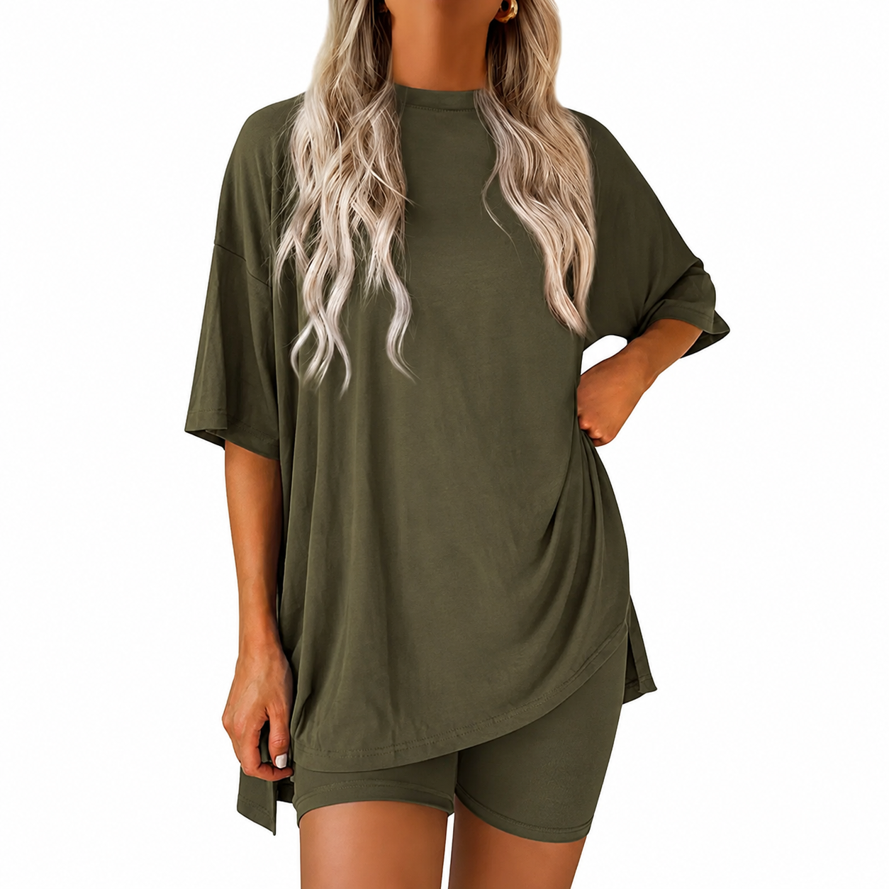 Casual Oversized Minimalist Split Hem Shirts And Biker Shorts Set For Women