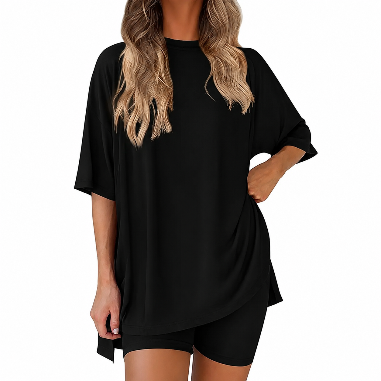 Casual Oversized Minimalist Split Hem Shirts And Biker Shorts Set For Women