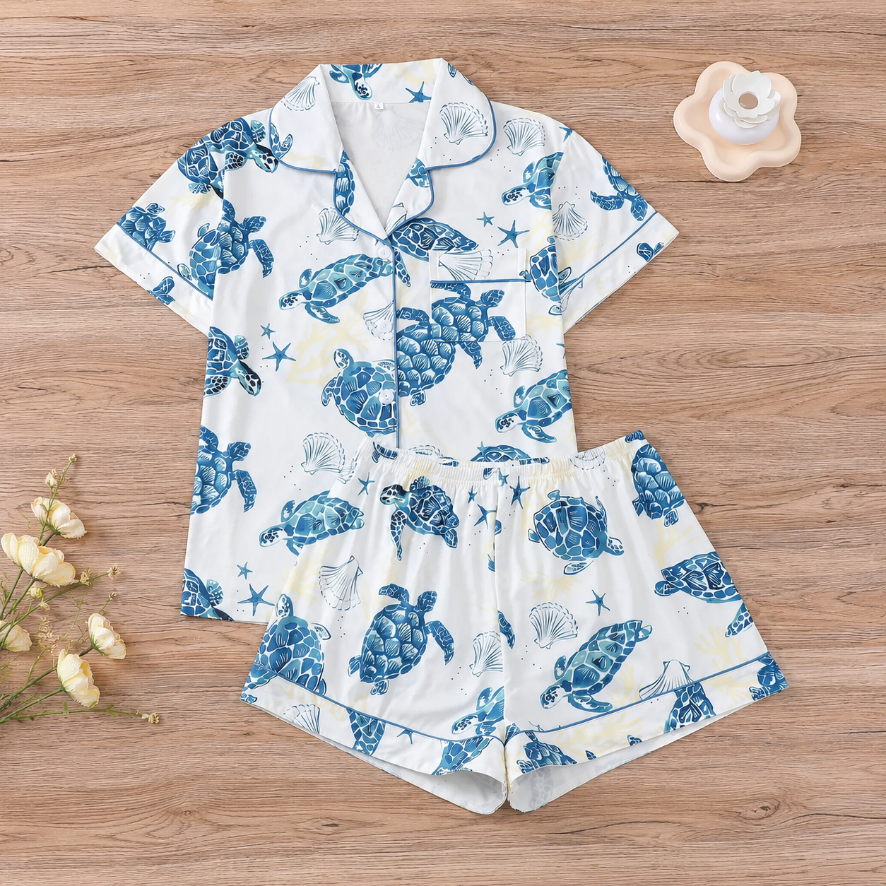 Casual All Over Print Top And Shorts Pajama Set For Women