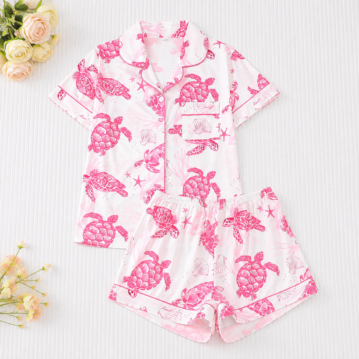 Casual All Over Print Top And Shorts Pajama Set For Women