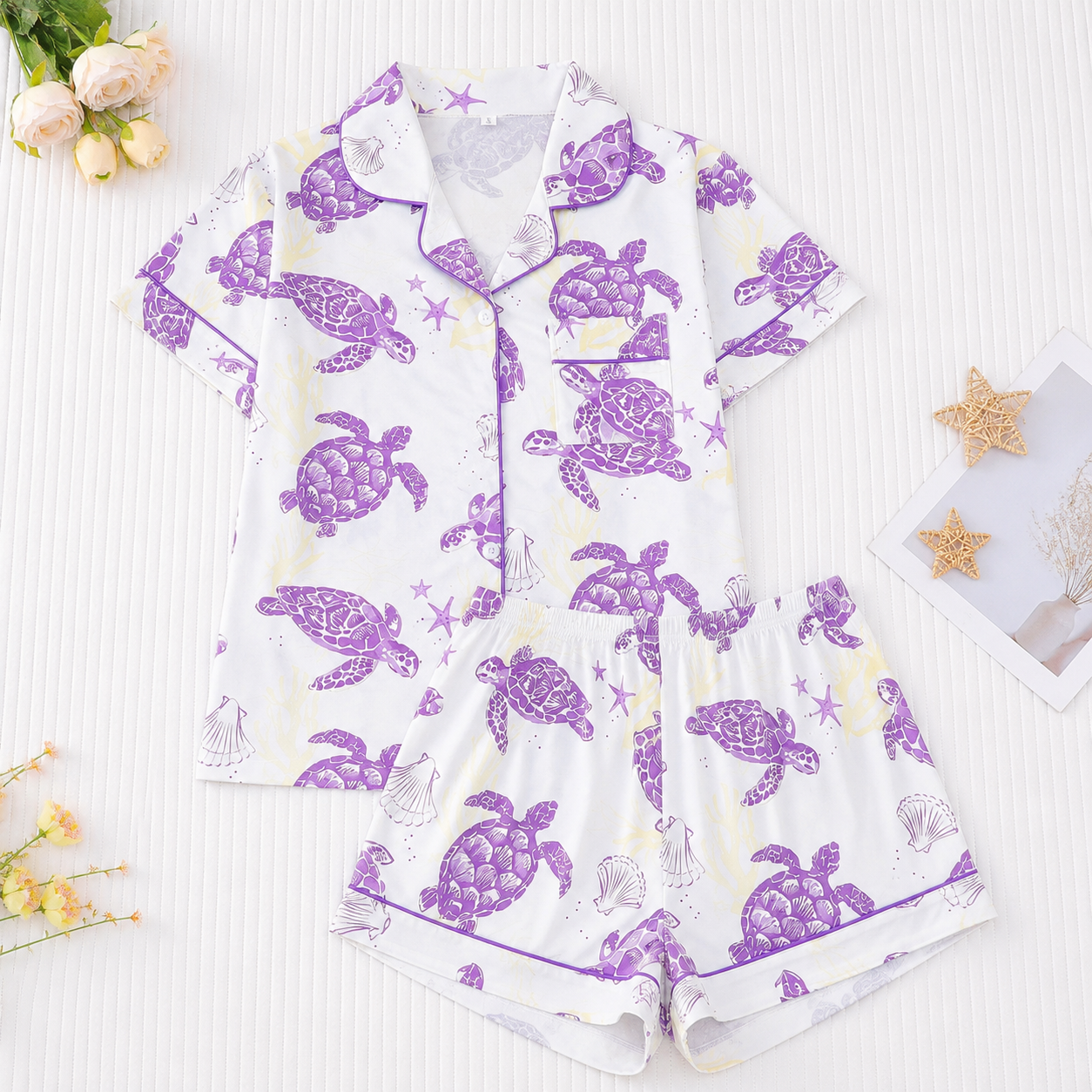 Casual All Over Print Top And Shorts Pajama Set For Women