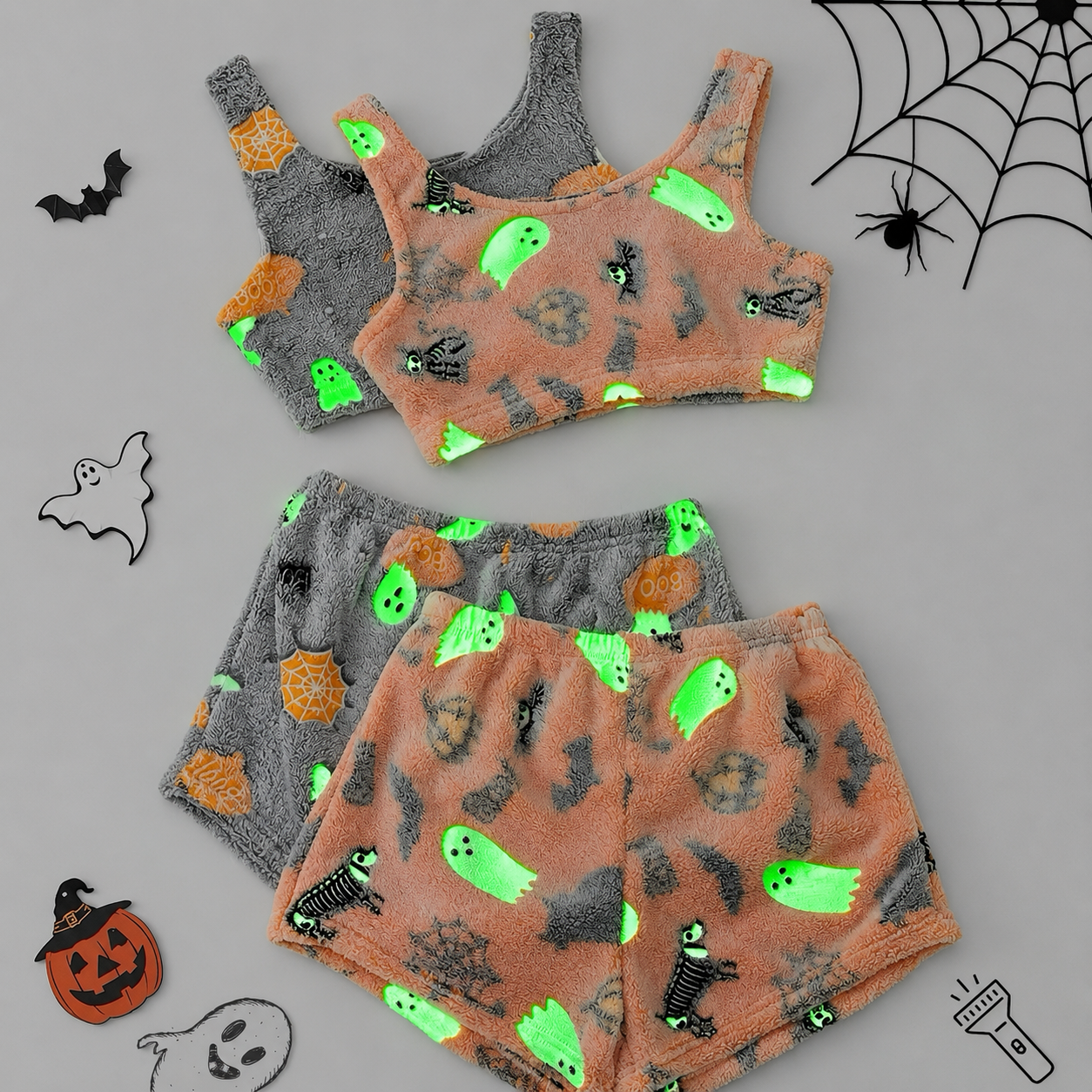 Pack of 2 Sleeveless Halloween Glow Graphic Pajama Set for Women