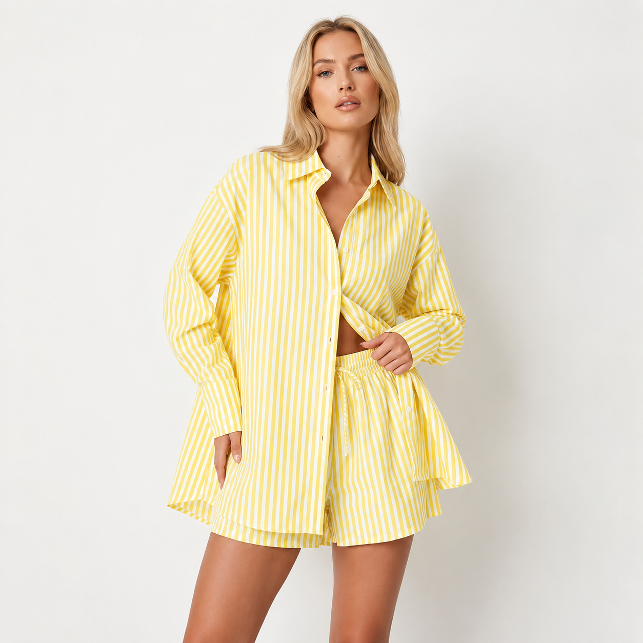 Casual Color Matching Striped Long Sleeve Shirt And Drawstring Shorts Set For Women