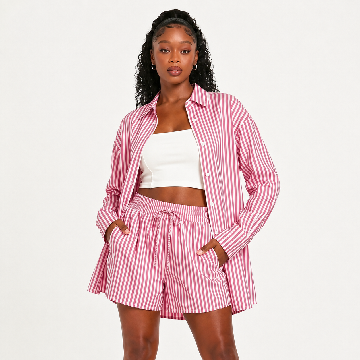 Casual Color Matching Striped Long Sleeve Shirt And Drawstring Shorts Set For Women