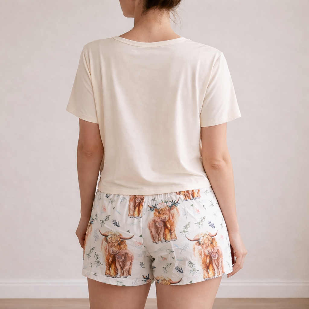 Highland Cow Print Short Sleeve Pajama Set For Women