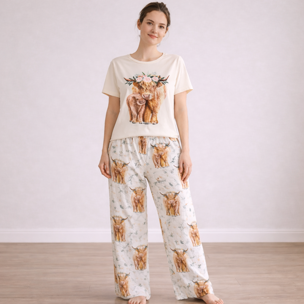 Highland Cow Print Short Sleeve Pajama Set For Women