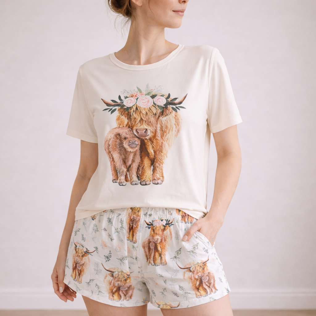 Highland Cow Print Short Sleeve Pajama Set For Women