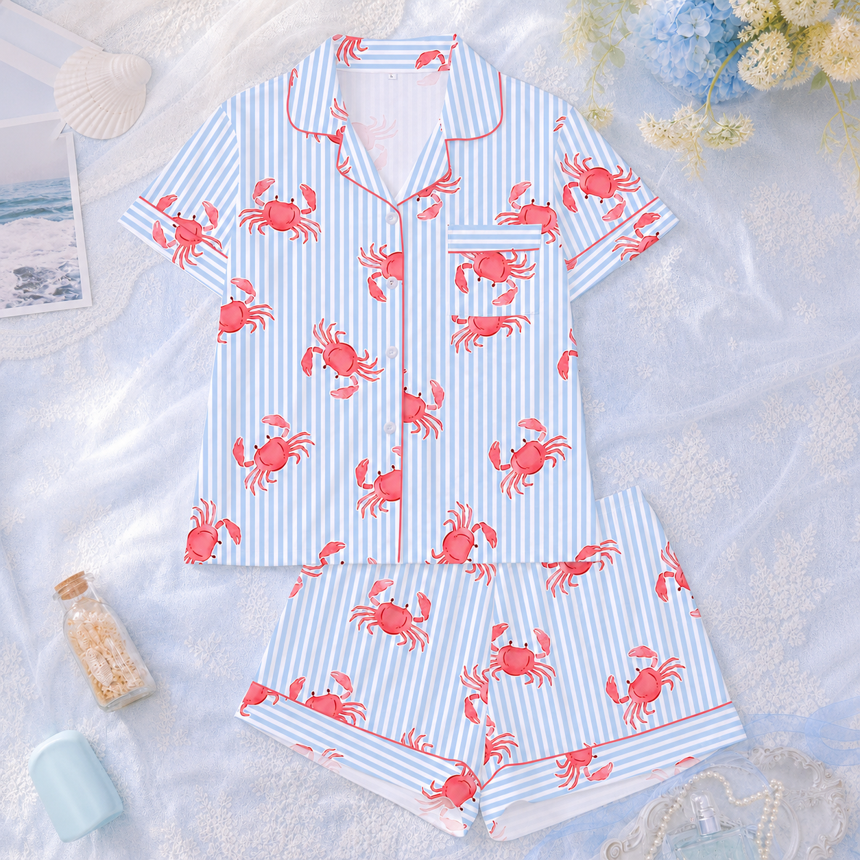 2 Pieces Striped Crab Print Short Sleeve Lapel Top And Shorts Women Loungewear Set