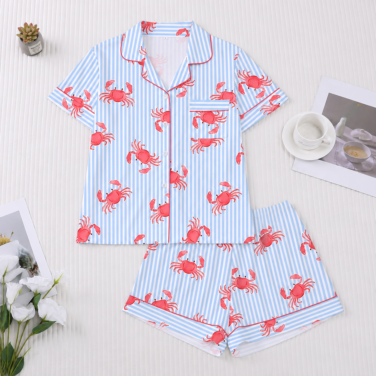 2 Pieces Striped Crab Print Short Sleeve Lapel Top And Shorts Women Loungewear Set