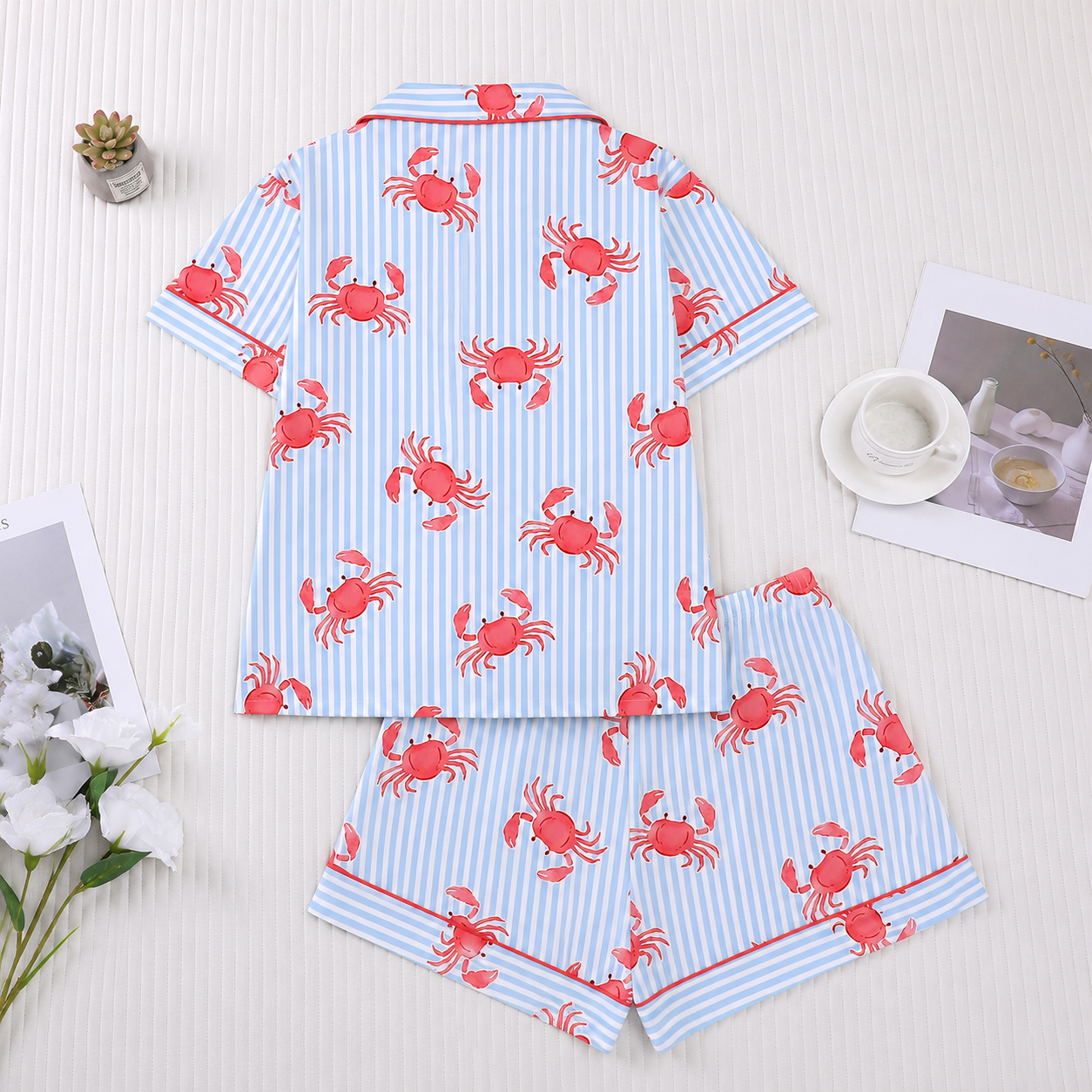 2 Pieces Striped Crab Print Short Sleeve Lapel Top And Shorts Women Loungewear Set