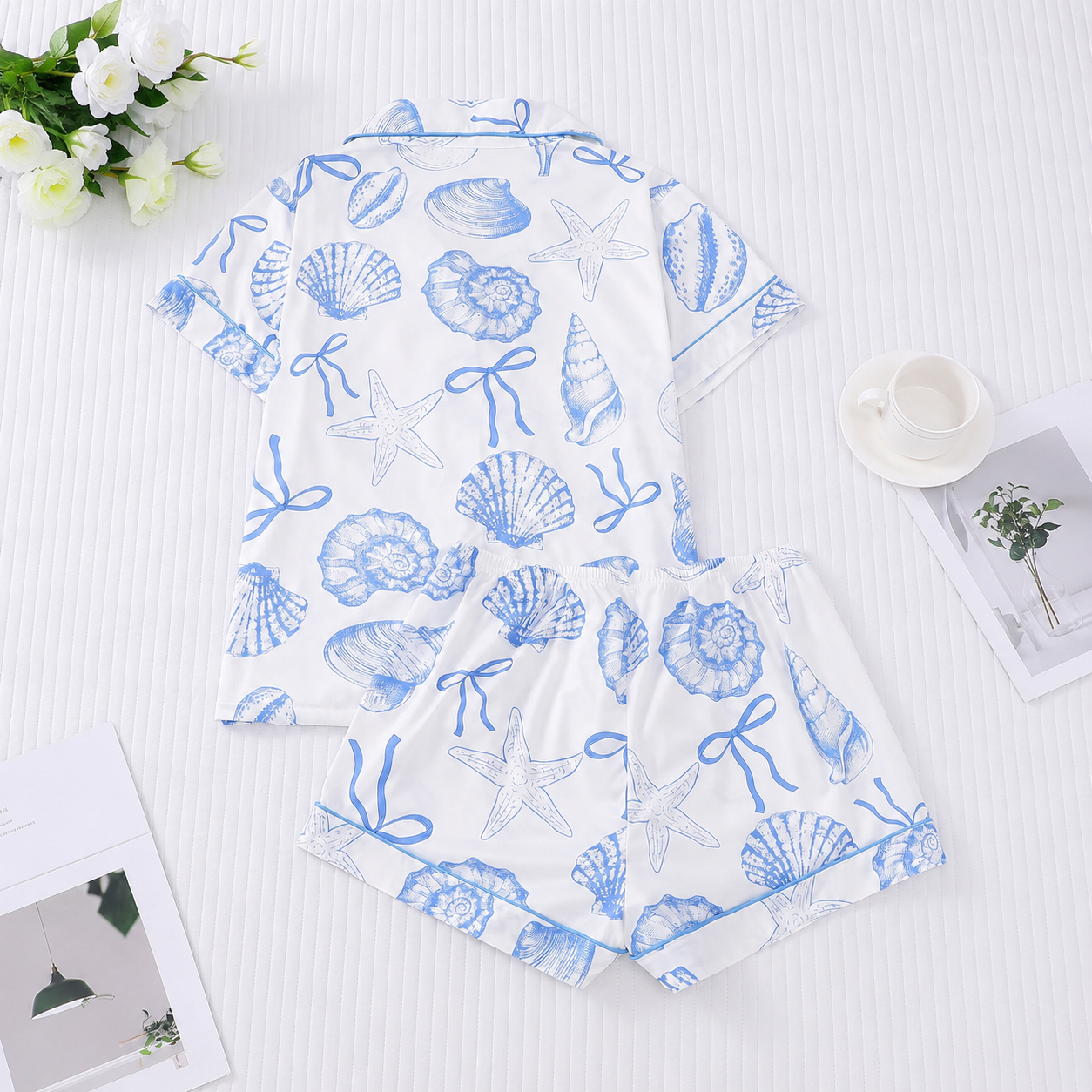 2 Pieces Seashell Print Short Sleeve Lapel Top And Shorts Women Homewear Set