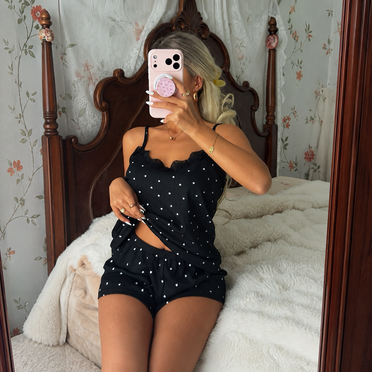 Patchwork Lace Summer Rib Camisole Shorts Set For Women